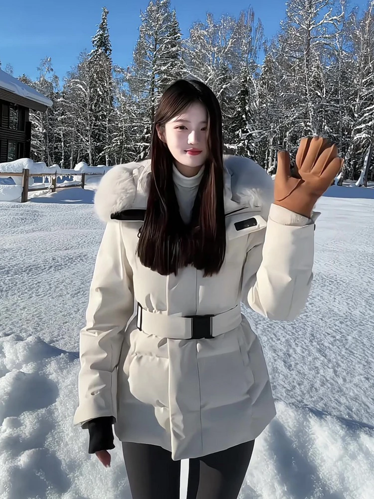 Winter Hooded Detachable Natural Fur Collar Down Jacket Women White Duck Down Warm Slim Jackets Female with Belt Parker Outwears