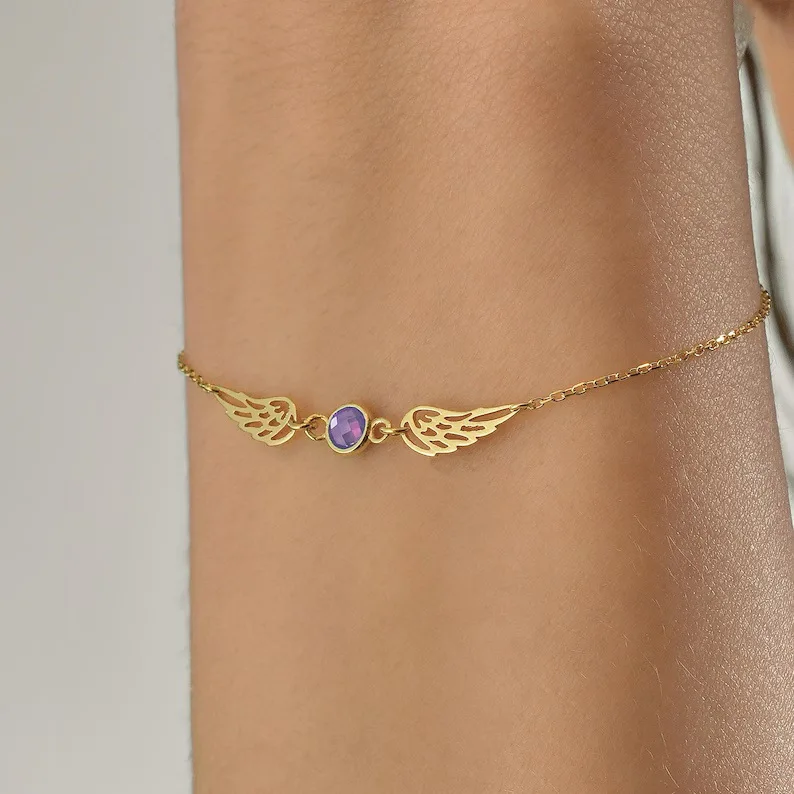 Custom Personalized Guardian Angel Wings Birthstone Bracelet Dainty Memorial Gift For Mom Women Unique Delicate Daily Jewelry
