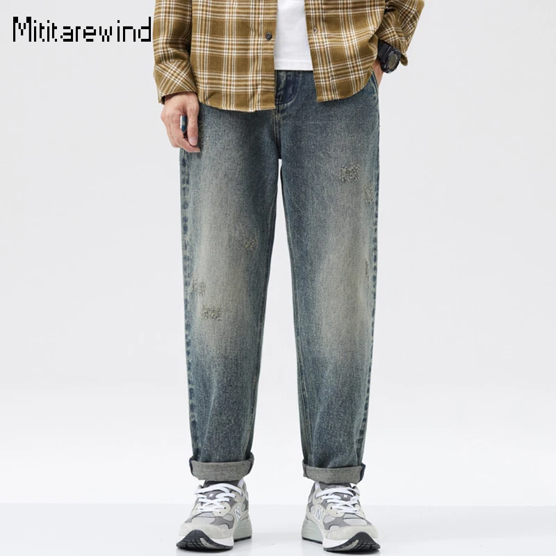 

American Washed Vintage Jeans Men Autumn High Street Causal Baggy Pants Cotton Mid-waist Straight Blue Jeans Simple Versatile