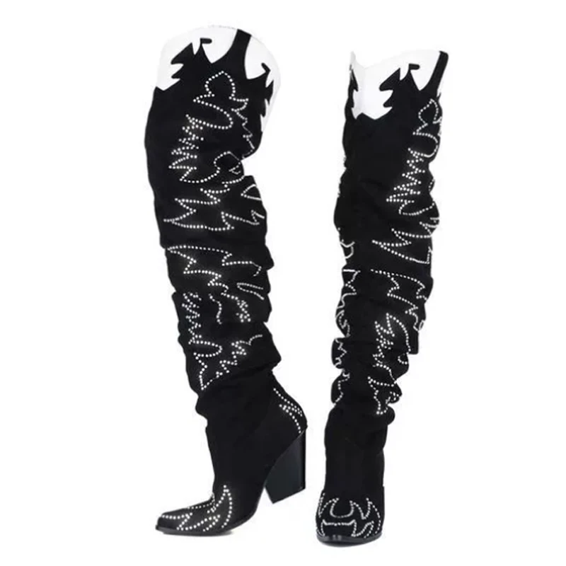 White Red Flame Embroidered Over-The-Knee Cowboy Boots Woman 2026 Pointed Toe Block Heel Western Boots for Party Festival
