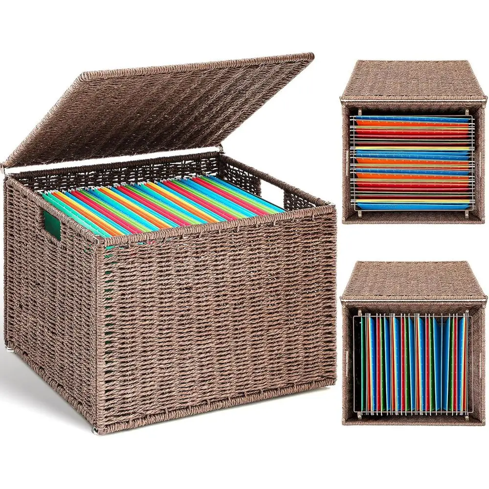 

Large Seagrass Wicker Basket Organizer with Lid, Suitable for Legal Size Files and Office Supplies, Brown