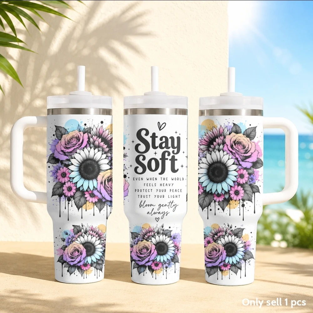 Artistic words like flowers Vacuum Flasks 40oz Stainless Steel Insulated Tumbler with Handle & Straw Leakproof Travel Mug