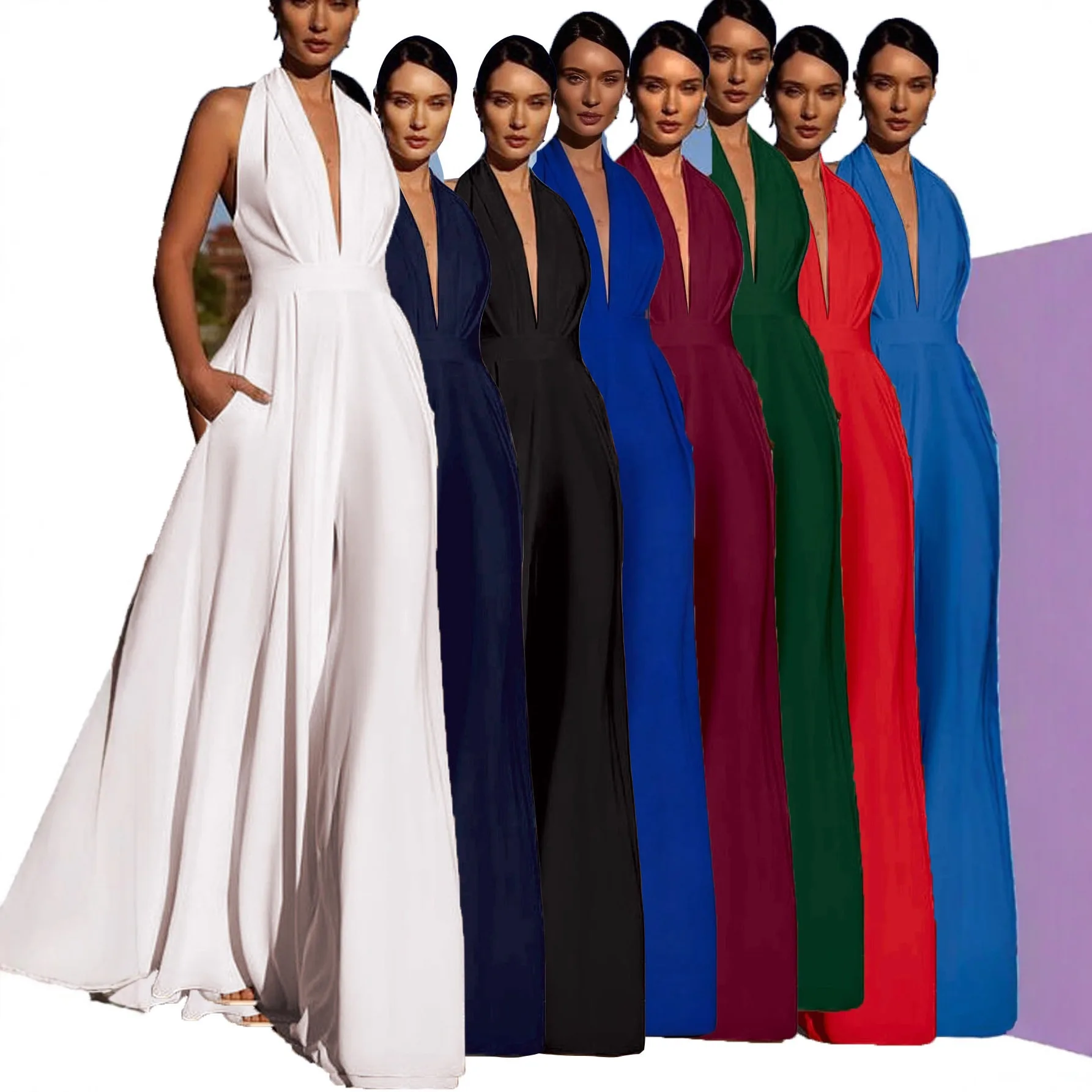 

2025 New Deep V Neck Wide Leg Jumpsuit Women Multi Color Optional Loose Pants Elegant Draping Temperament Set