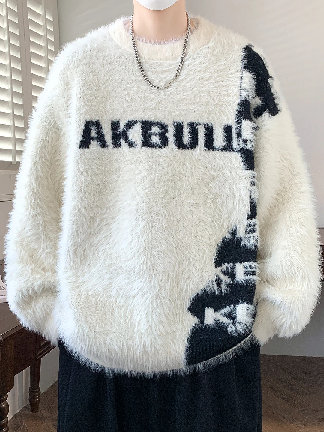 

Мужской теплый свитер из мягкой норки, вязаный, повседневный, с вышивкой букв, контрастных цветов, молодежный брендовый трикотаж