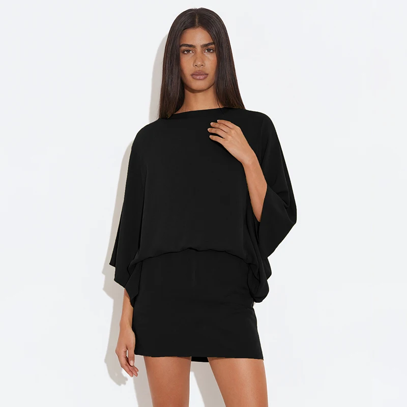 CUTENOVA Frauen Neue Ankunft Einfarbig Elegante Lange-Ärmel Zurück Tiefem V-ausschnitt Drapierten Kragen Bodycon Mini Casual Mode Kleid