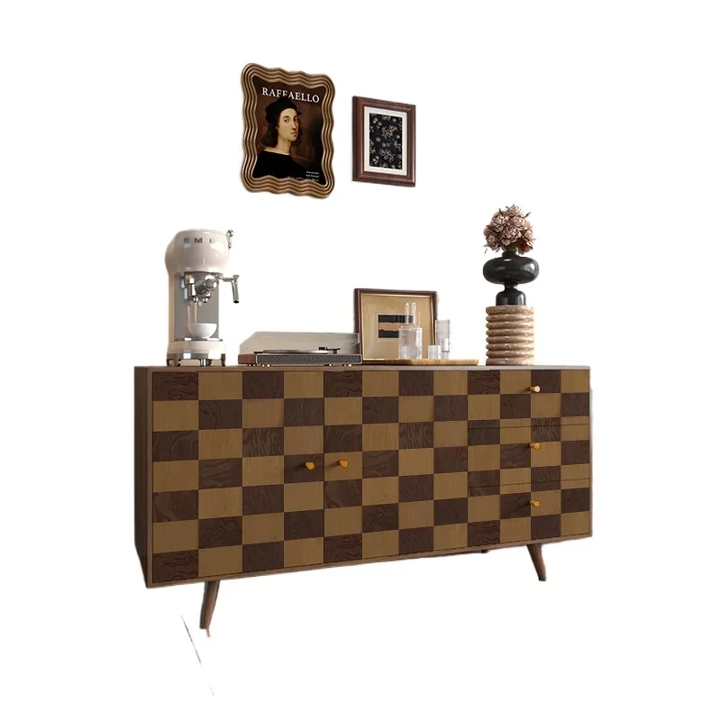 Modern medieval wabi-sabi dining side cabinet, integrated locker against the wall, solid wood floor-to-ceiling entrance