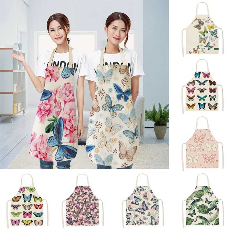 1Pcs Butterfly Flowers Linen Kitchen Apron for Woman Dress Japanese Cartoon Garden Aprons Cooking Accessories Home Decor Apron