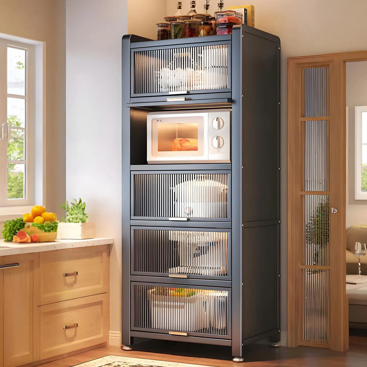 Floor-Standing Carbon Steel Refrigerator Side Storage Cabinet Doors Movable Multi-Tier Design To Cm Width Options Kitchen Gaps