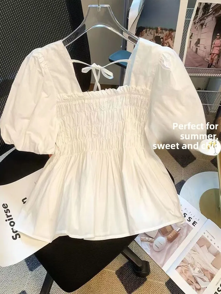

Summer 2025 New Sle Square Collar Pleated ort Sve Doll irt Women's Small Size Bubble Sve Chiffon Blouse Top