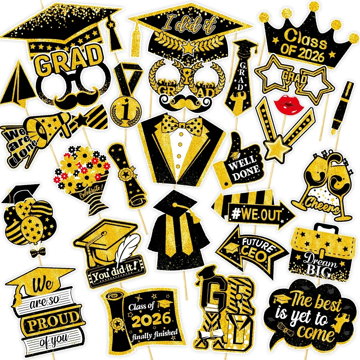 30 Stück Schwarz-Goldene Party-Fotorequisiten für Geburtstage, Hochzeiten, Abschlussfeiern, Neujahrspartys: Hüte, Lippenstift, Krawatte, Krone