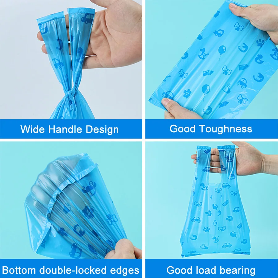 كيس قمامة قابل للتحلل الحيوي، حقيبة تجميع الحفاضات، كيس الحفاضات، حقيبة نفايات الحيوانات الأليفة، حقيبة فوميت، أكياس قمامة السفر المحمولة للسيارة 100 قطعة/صندوق