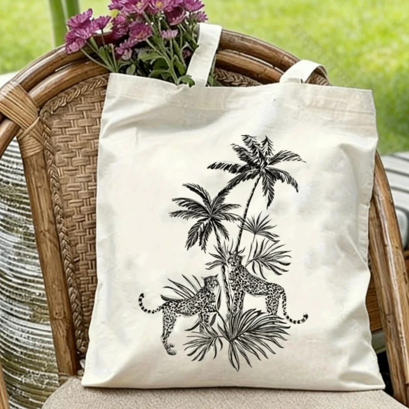 

1PC Tropical Leopard & Palm Tree Canvas Tote Eco-friendly Reusable Shoulder Bag