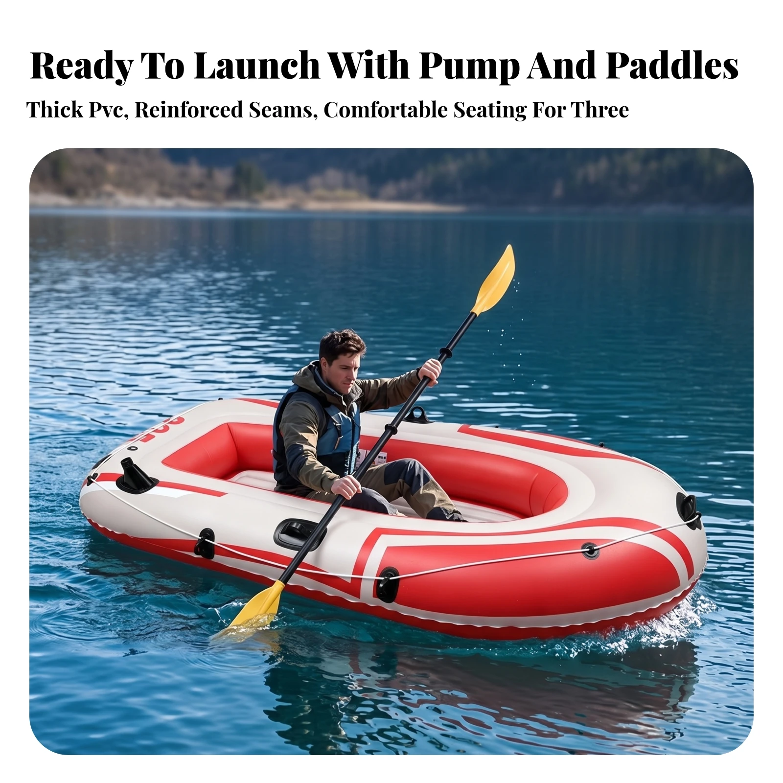 Inflatable Boat with Ribbed Floor Lightweight 3-Person Inflatable Boat Raft Extra-Safe Kayak Easy to Inflate for Families, Lakes