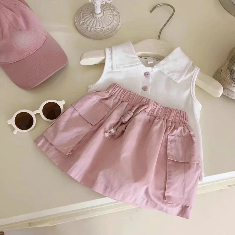 Summer 2025 Girls' Set With Collar And Sleeveless Vest+Drawstring Skirt With Pockets Fashion New Sports Children's Clothing Suit