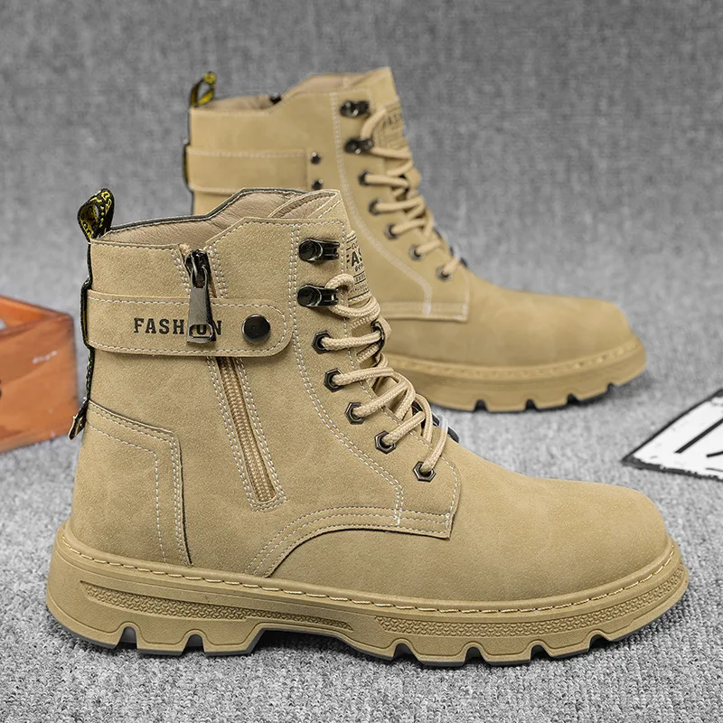 Leather boots men's 2025 autumn and winter high top lace up style fashionable and casual men's boots  side zipper men's shoes