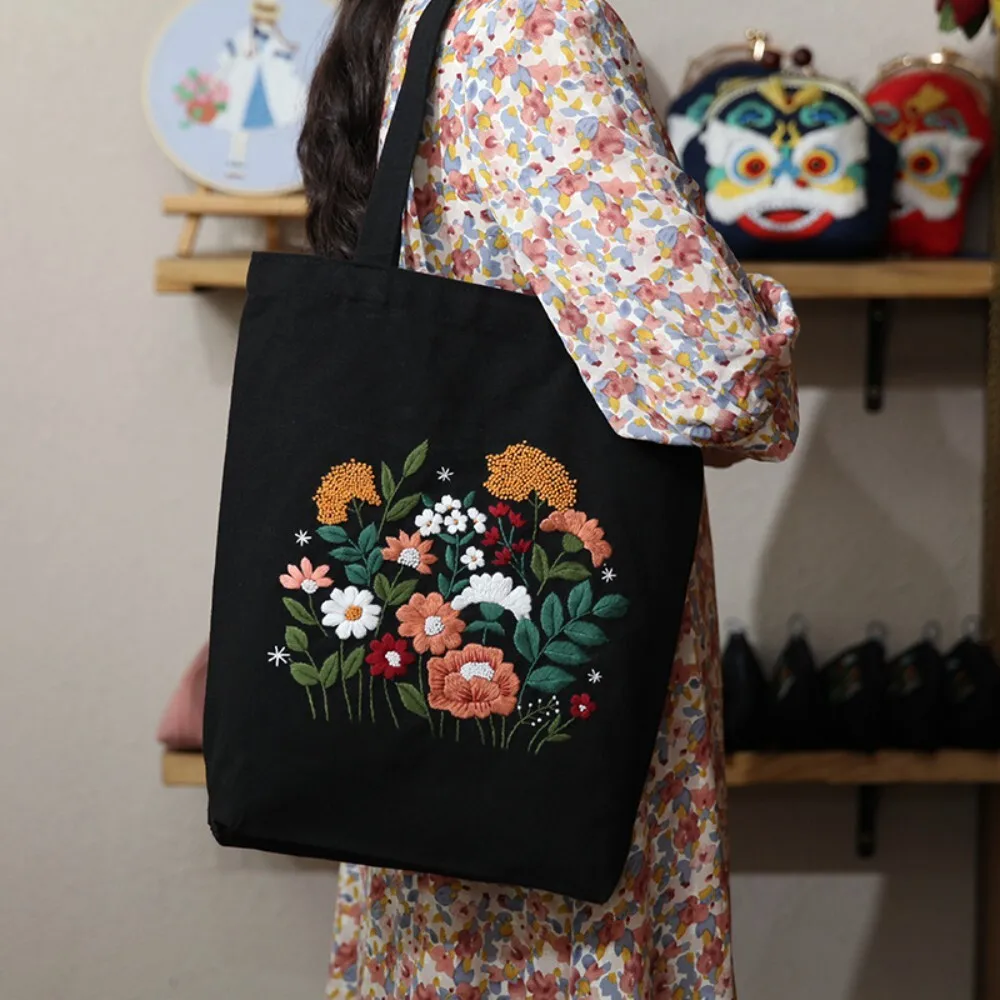 

Handmade 3D Embroidery Canvas Shoulder Bag for Women DIY English Style Tote Bag Cotton Fabric Everyday Use Shopping Gift