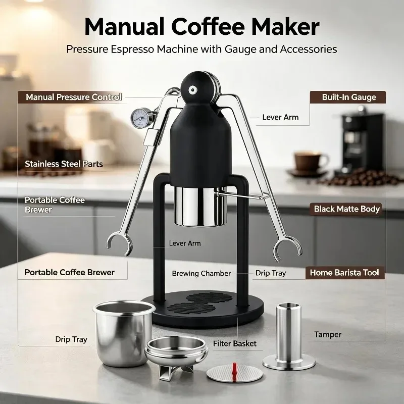 Manual Press Espresso Coffee Maker Non Electric Portable Hand Pressure Coffee Machine For Household Daily Coffee Brewing