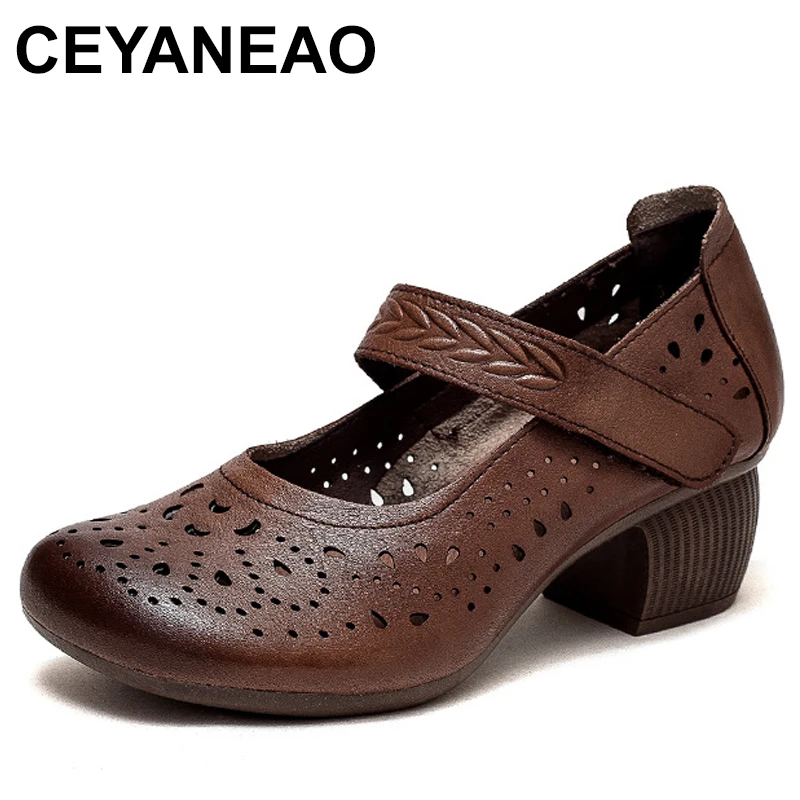 

5cm Retro Hollow Ethnic Pumps Genuine Leather Comfy Casual Sandals Summer Breathable Hook Females Chunky Heels Girl Shoes