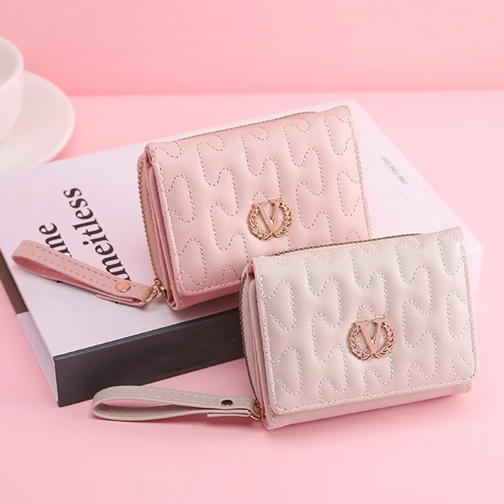 

High Quality Portable Wallet Short Simple Wristlet Bag V Letter Cards ID Holder Women
