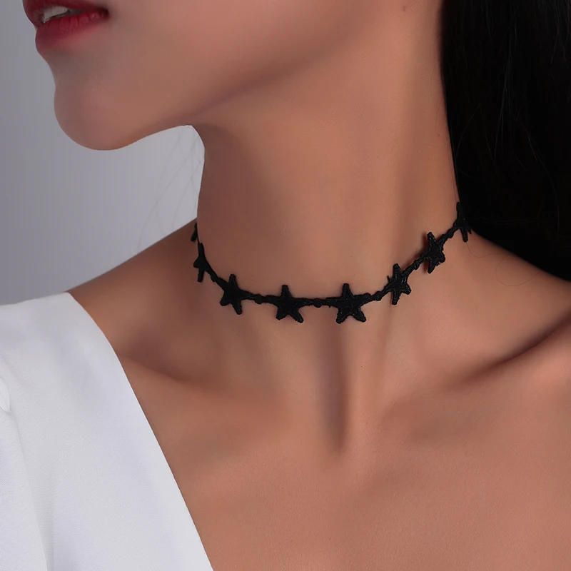 Koreanischer Stil Schwarze Samt-Stern-Halskette für Frauen und Mädchen, Party- und Festival-Schmuckgeschenke – Detail 1