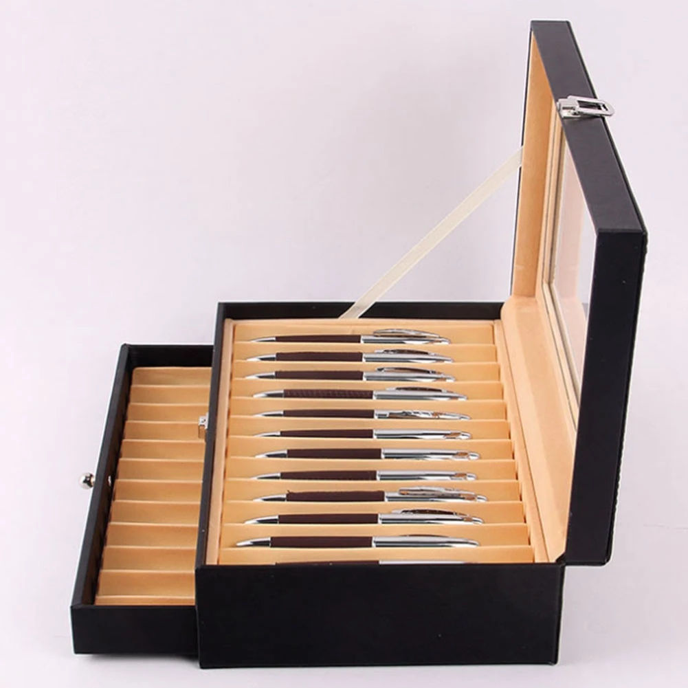 Wooden 24 Pen Storage Box Glass Pen Display Box with Lid Storage Box Top Glass Window Pen Collection Display Box,B