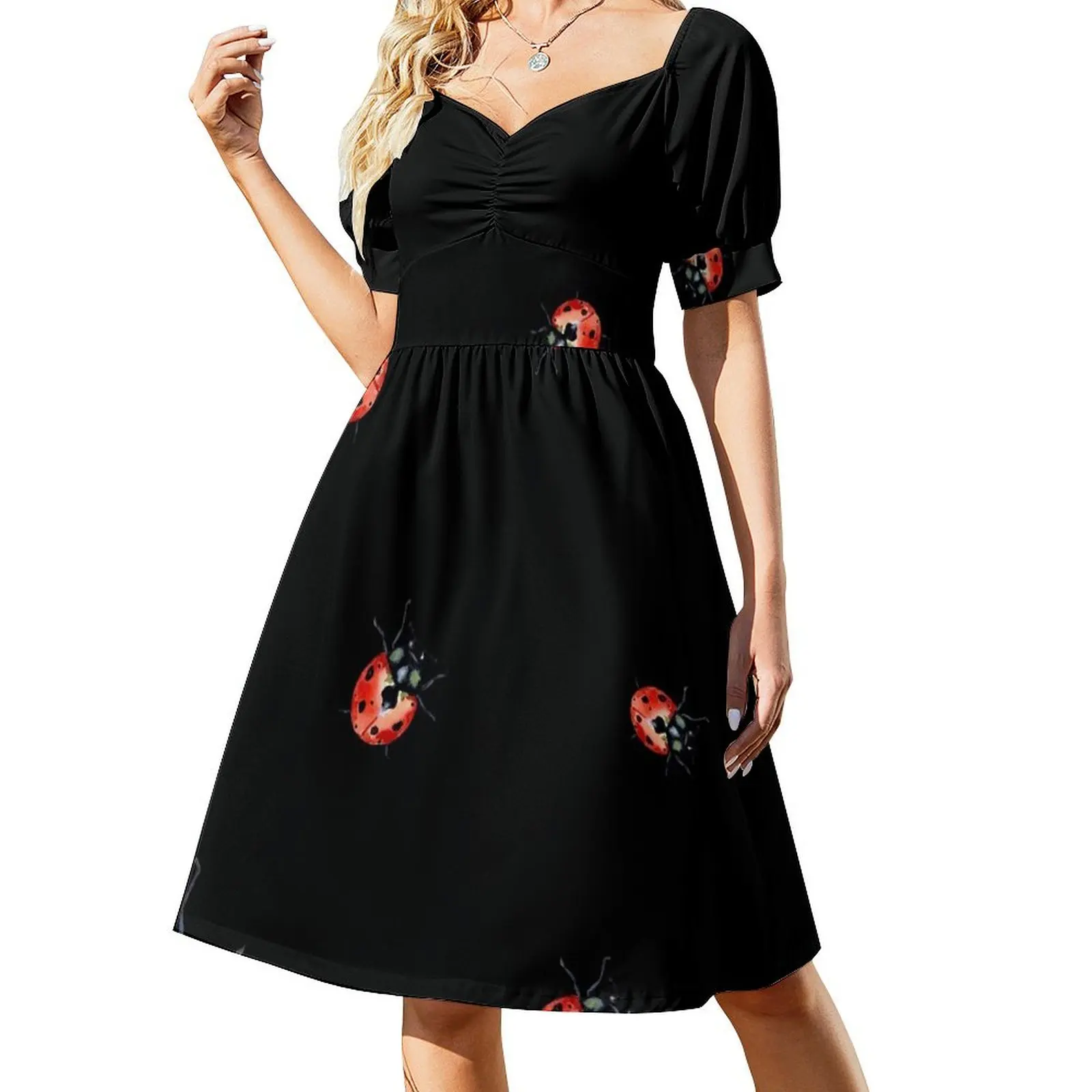 

Ladybug red nature pattern a watercolor sketch black Short Sleeved Dress clothes for woman Dress