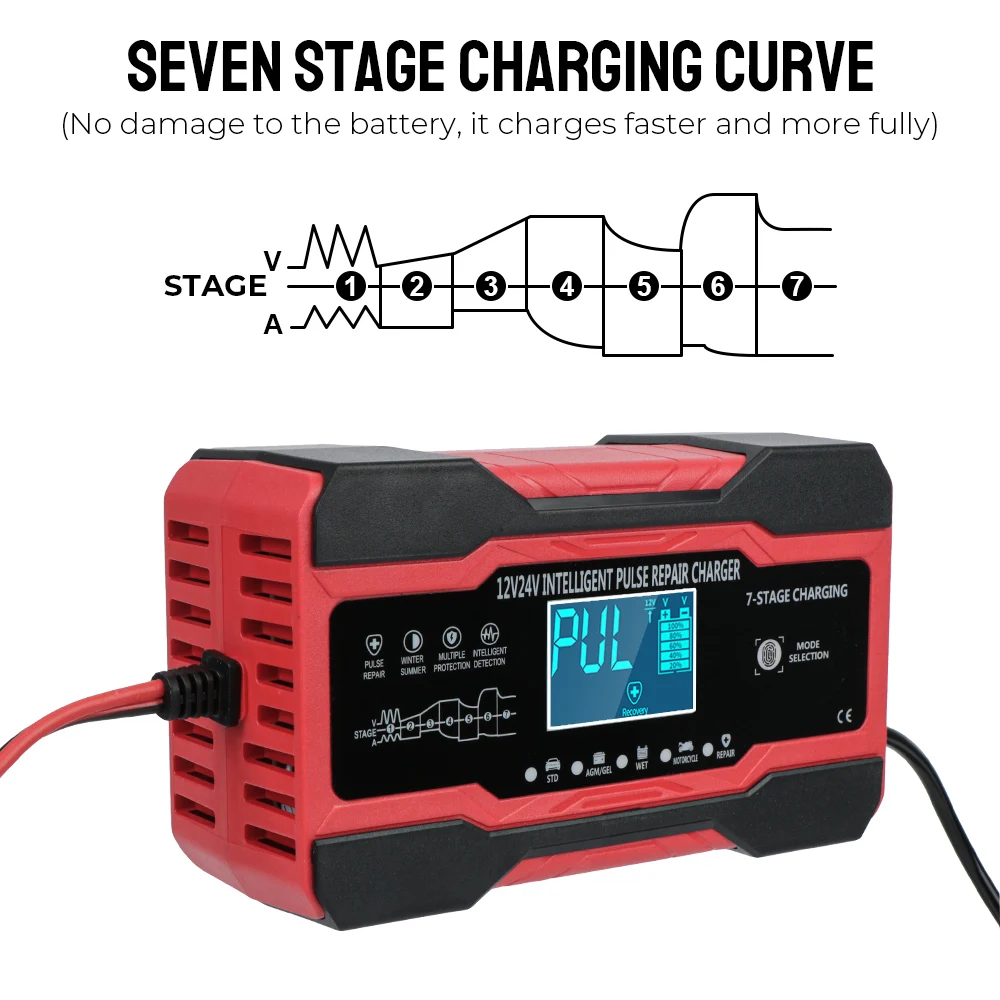 Pulse Repair Full Automatic Car Battery Charger Digital Display Battery Charger Wet Dry Lead Acid Battery 12V 10A / 24V  5A