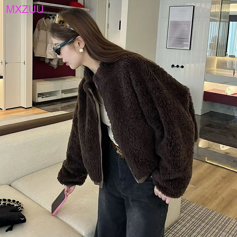 Winter Women's Jackets Korean Version Simple Stand-Up Collar Lantern Sleeve Wearing Two Sides Parkas Casual Loose Lamb Fur Coat