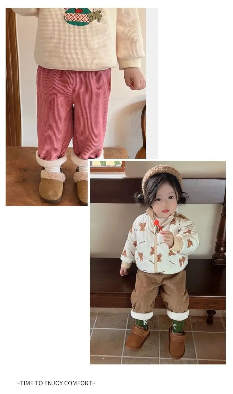 Kinder Herbst Winter Fleece-Gefütterte Gerade Hosen Jungen Mädchen Cordhosen Lässige Lange Hosen Weiche Baby Sporthosen Schulhosen Kinder – Detail 9