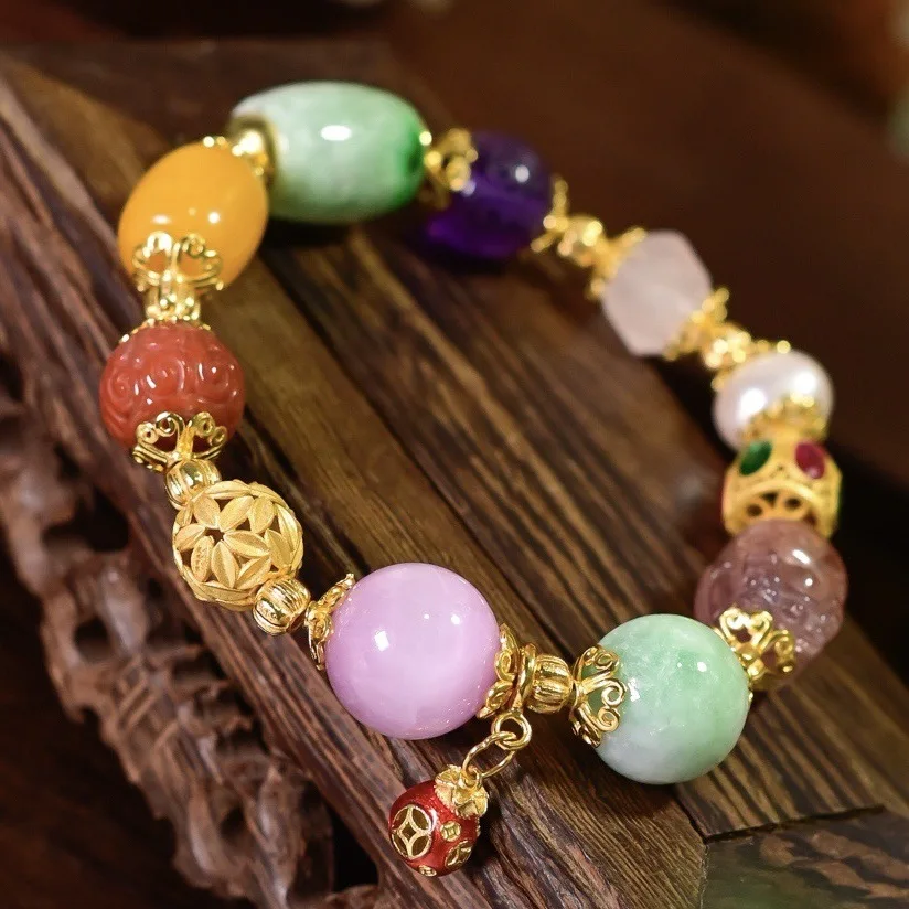 Natural Multi-Gemstone Bracelet, Pink Tourmaline Pi Xiu A-Grade Jade Kunzite Lucky Bag 925 Silver, Colorful Jewelry Gift