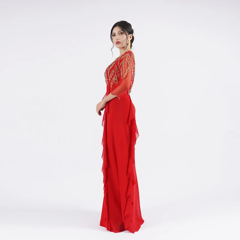 Baisha 2024 Red Evening Dress For Women Handmade Beaded Long Mermaid Gown Ruffled Mom Dress For Wedding Formal Occasions MM101