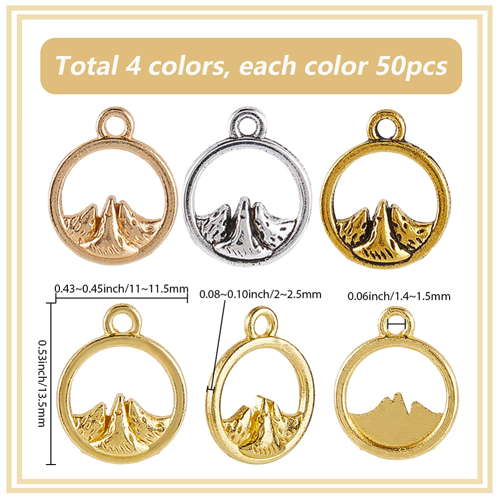 200Pcs 4 Styles Alloy Charms Mountain Mixed Color 13.5x11~11.5x2~2.5mm Hole: 1.4~1.5mm