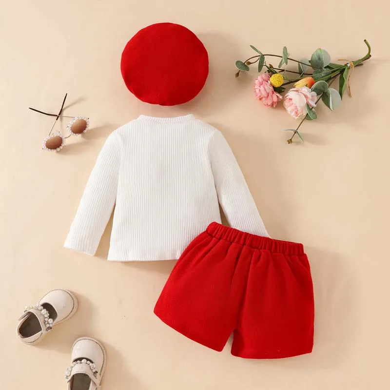 Autumn Baby Set 3Pcs Sets Baby Girl Clothes Long Sleeves Solid Color Tees Tops Short  Pants Hat Toddler Girl Outfits 1-3Years