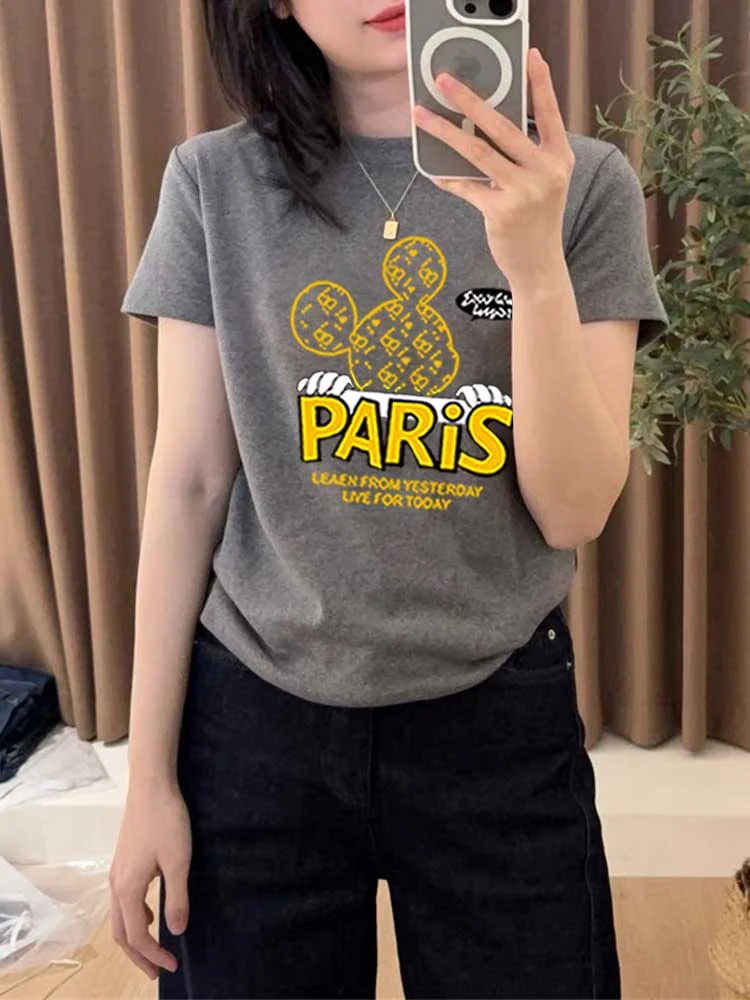 The 2025 New Shoulder-length Pure Cotton Printed Short-sleeved T-shirt for Women's Wear in Korean Style Is Fashionable, Loose