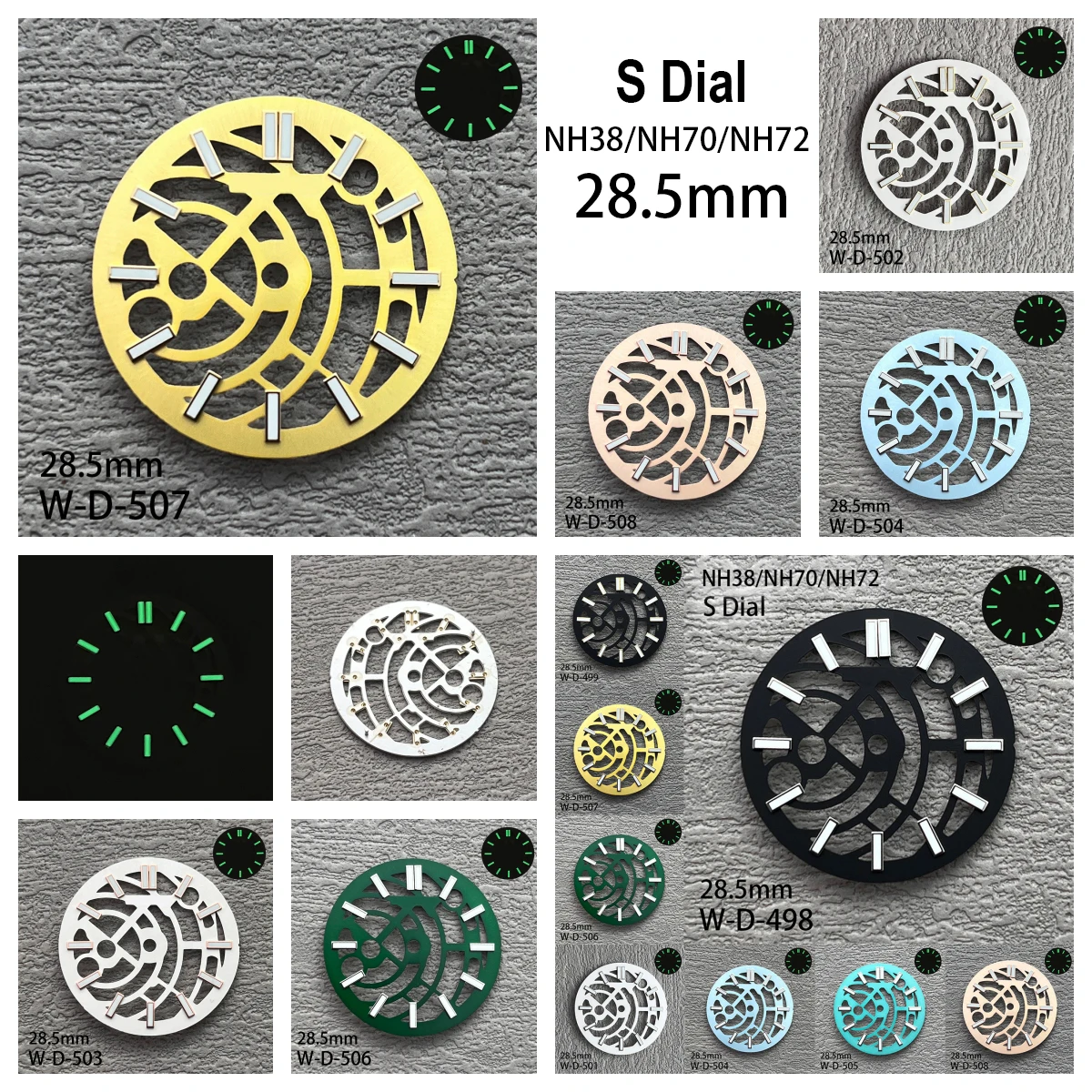 

28.5mmS Logo Hollow Out Dial Fit NH70/72 Movement Green Luminous High-Quality Dial Watch Modification Accessories