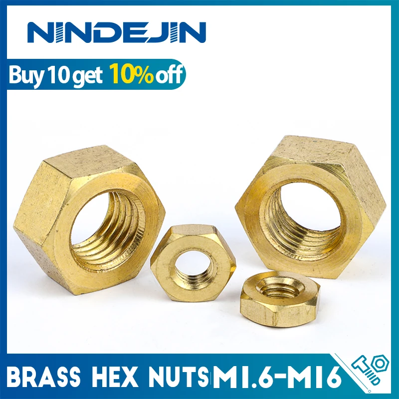 NINDEJIN Messing-Sechskantmuttern M1 M1.2 M1.4 M2 M2.5 M3 M3.5 M4 M5 M6 M8 M10-M24 4.8 Güteklasse Kohlenstoffstahl Metrische Sechskantmuttern DIN934