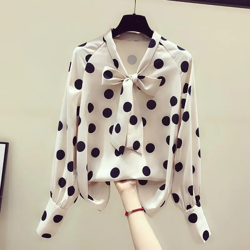 Blusa de Mujer con Estampado de Puntos, Camisa de Gasa para Mujer, Estilo Retro de Primavera y Otoño, Blusa Holgada de Manga Larga para Mujer, Blusas Mujer de Moda