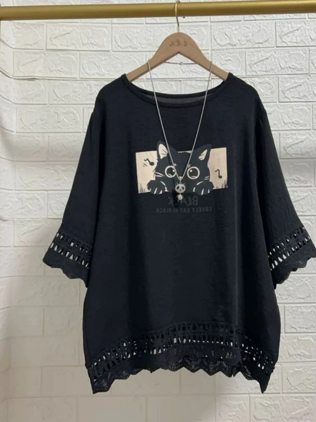 Summer Cartoon Print Hollow out Splice Sweet plus Size Women's T-Shirt round Neck Five Sleeve Upper Apparel Commute Style Kor...