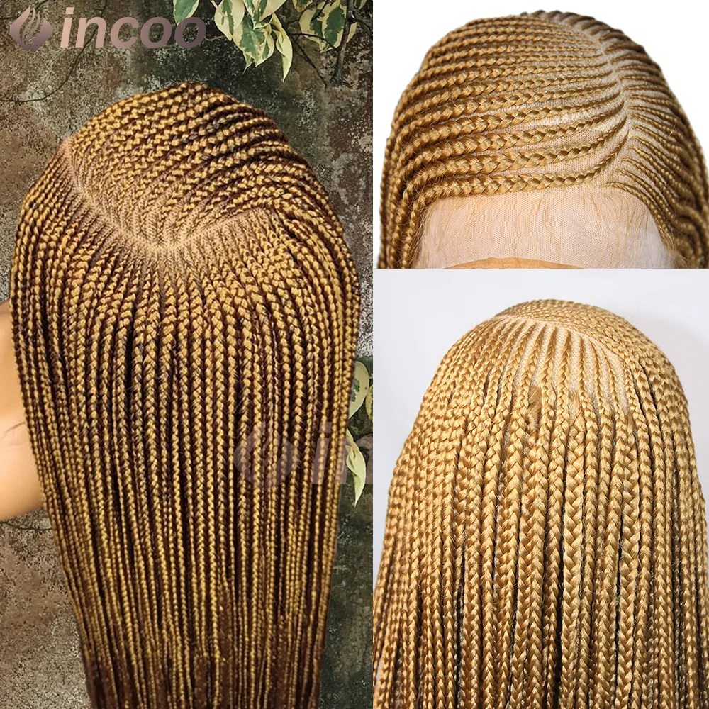 Wig kepang Corncow 36 inci dengan belahan samping, kepang kotak tanpa simpul, rambut sintetis full lace wig untuk wanita kulit hitam