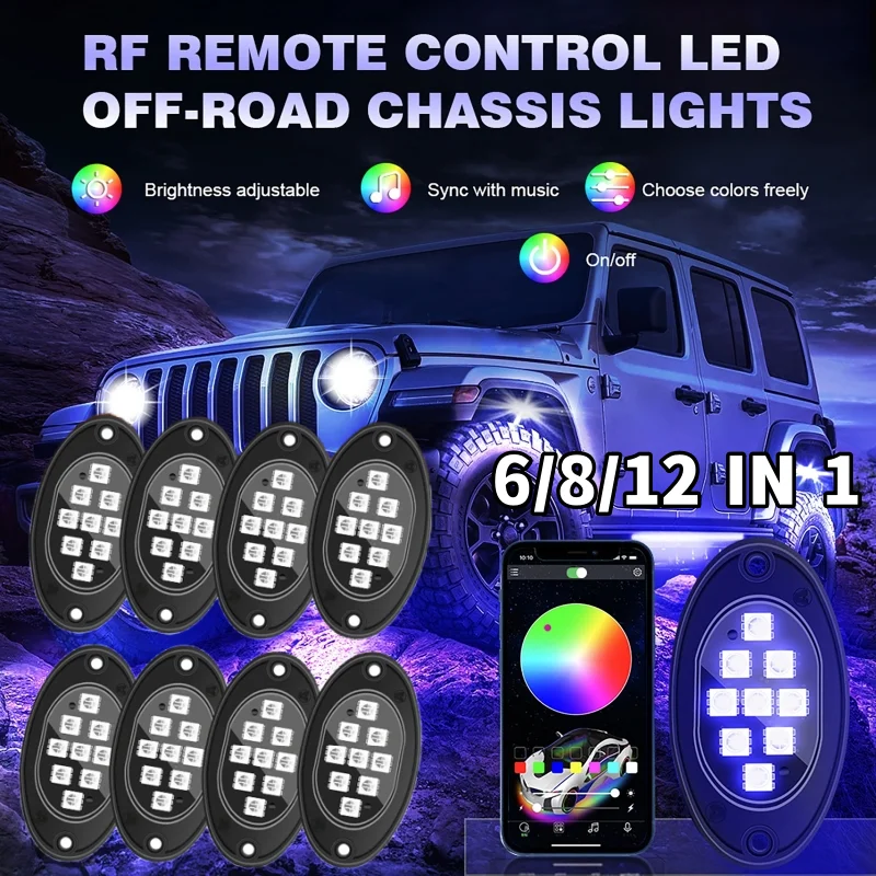 12V 9LED RGB LED Rock Lights Chassis Light APP + RF Dual Control Off-Road Vehicle Atmosphere Light Car Bottom Lamp (6/8/12 Pod)