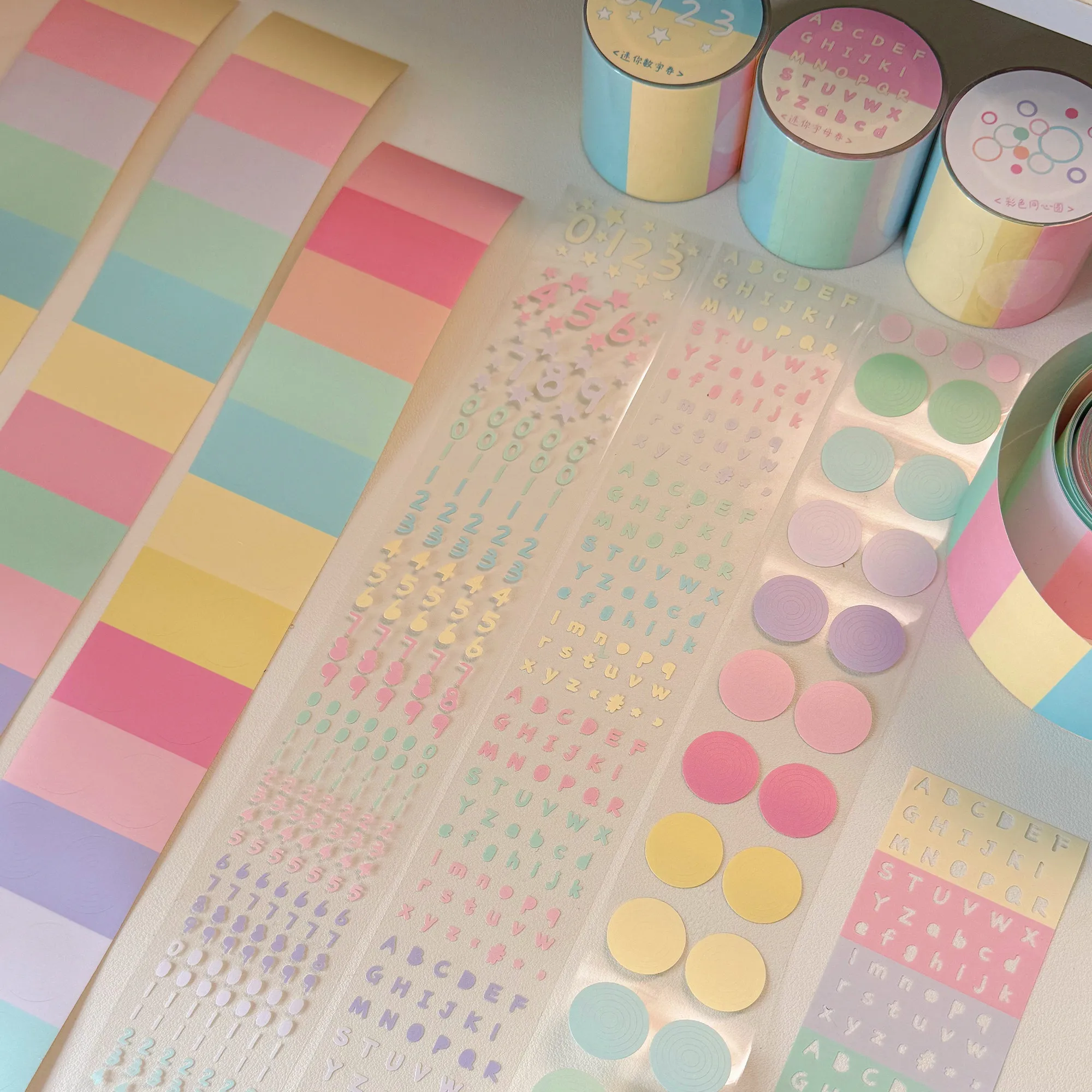 

Рулон стикеров, концентрические круги, цифры и буквы, базовый стиль, соляной стиль и корейский стиль