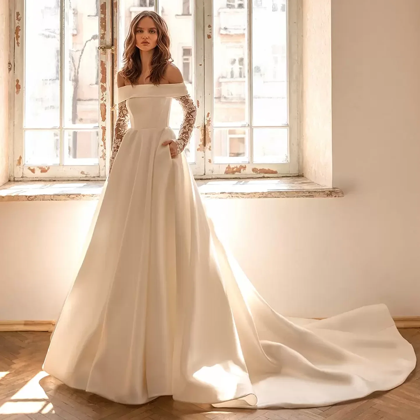 

Sharon Said 2025 Elegant A-Line Satin Off White Strapless Wedding Dress With Pocket Long Lace Sleeve Bride Gown SW181 Customized