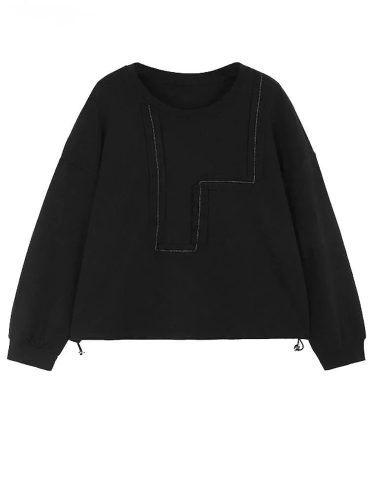 

Black Topstitched Drawstring Sweatshirt New Round Neck Long Sleeve Women Big Size Fashion Tide Spring Autumn O795