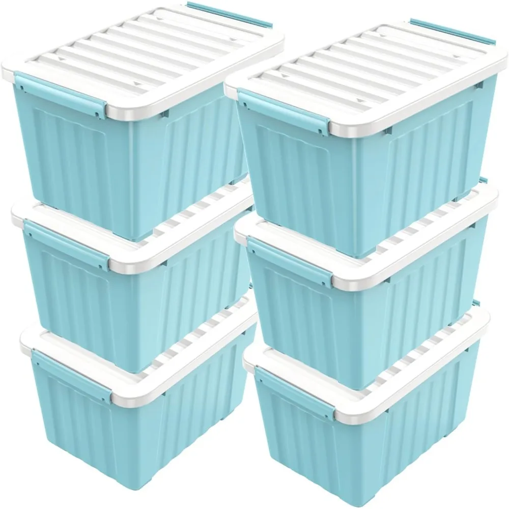 97 Quart Plastic Storage Bin, Stackable and Nestable Storage Boxes with White Lids and Secure Latching Buckles