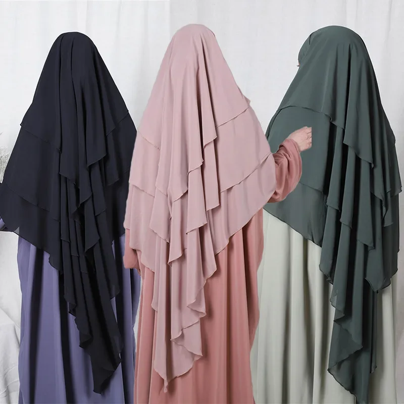 Khimar Muslim Women Long Hijab 3 Layers Prayer Scarf Eid Islamic Clothing Ramadan Burqa Robe Nikab Headscarf Tops Abaya Abayas