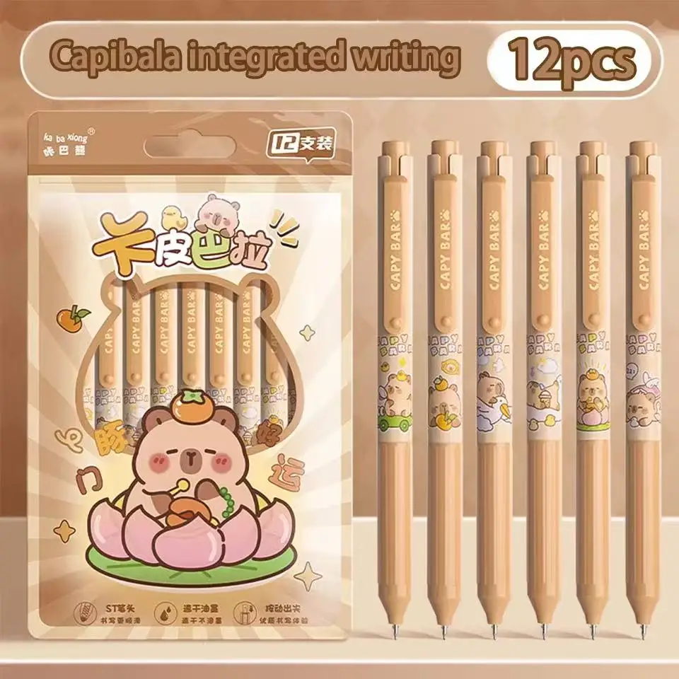 Cute Capybara Retractable Gel Pens Set, 12 Pack 0.5mm ST Tip Quick-Dry Black Ink Pens for School, Office & Back to School