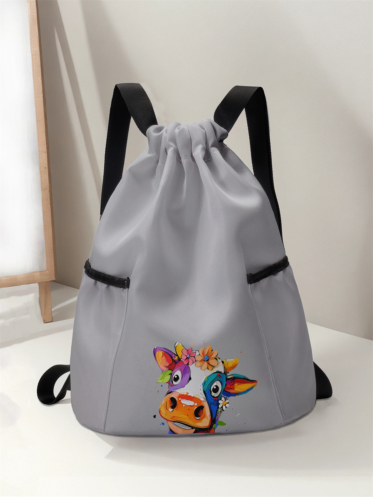 

Cow Pattern Drawstring Backpack - Large Capacity Durable Fitness Bag, Adjustable Shoulder Straps, Sports Beach Backpack