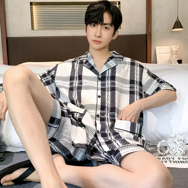 Summertime Pajama Men High-grade Woven Zou Cloth Boys' Short-sleeved Shorts Thin Set Striped Lattice Loungewear Pajama Set