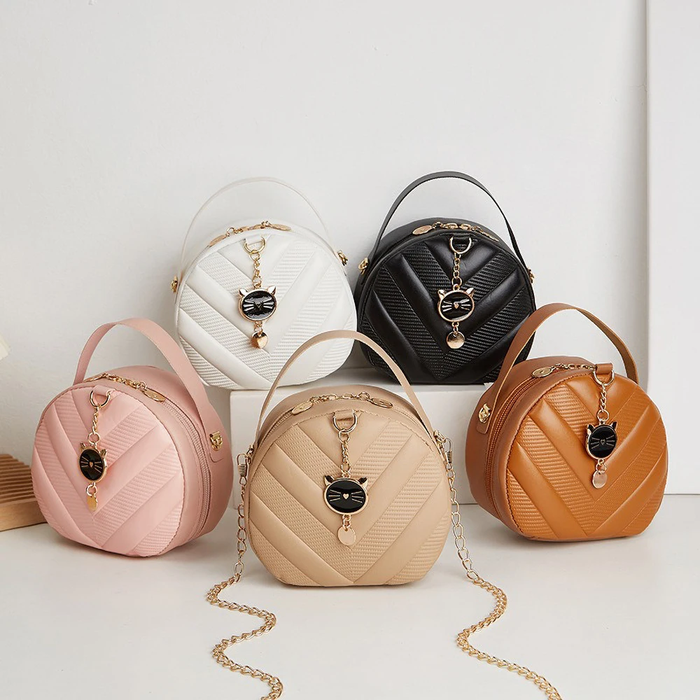 Bolso de hombro de gato de moda: bolso redondo en relieve con patrón en V para mujer, bandolera pequeña informal