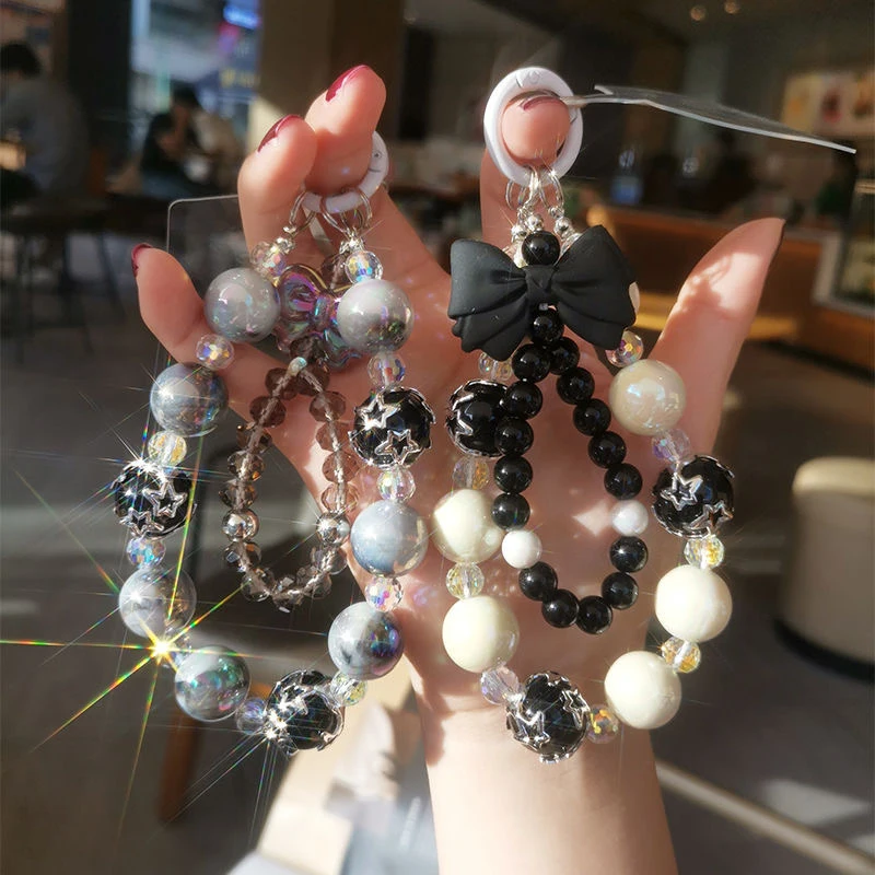 Mobile Phone Lanyard Short Style Wrist Strap Bow Knot Handmade Beaded Bracelet Pendant Lanyard Anti-Lost Wide Wrist Strap